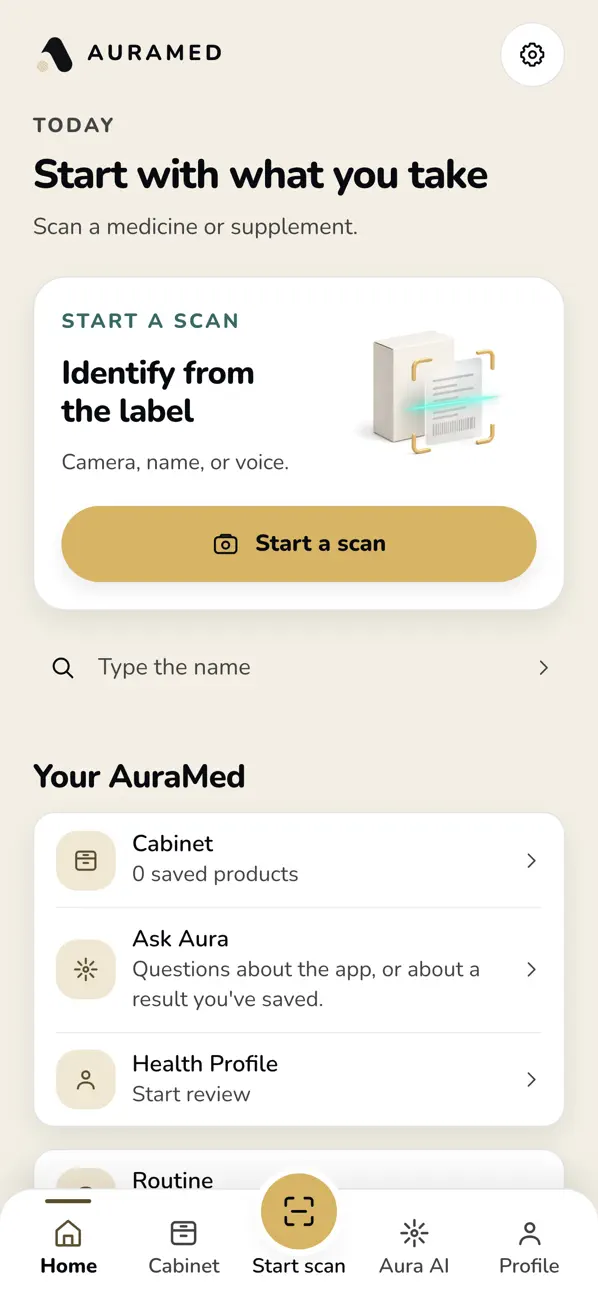 AuraMed home screen from the App Store listing: scan, cabinet, Ask Aura, and Health Profile.