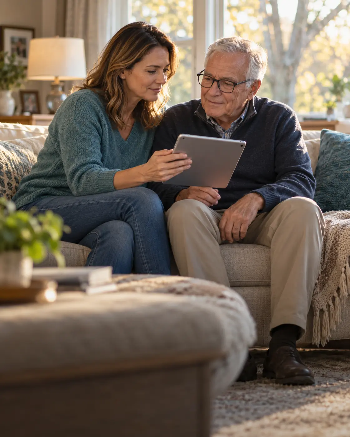 A daughter helping her father review health information together on an iPad at home