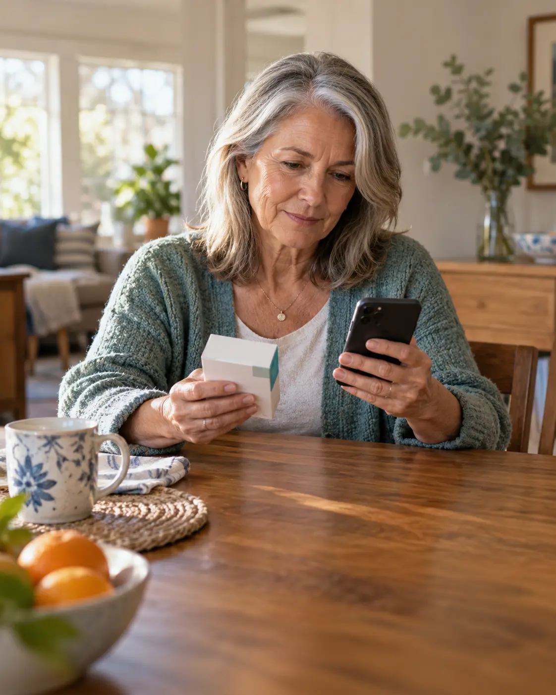 An older woman calmly comparing a medicine carton with information on her phone at home