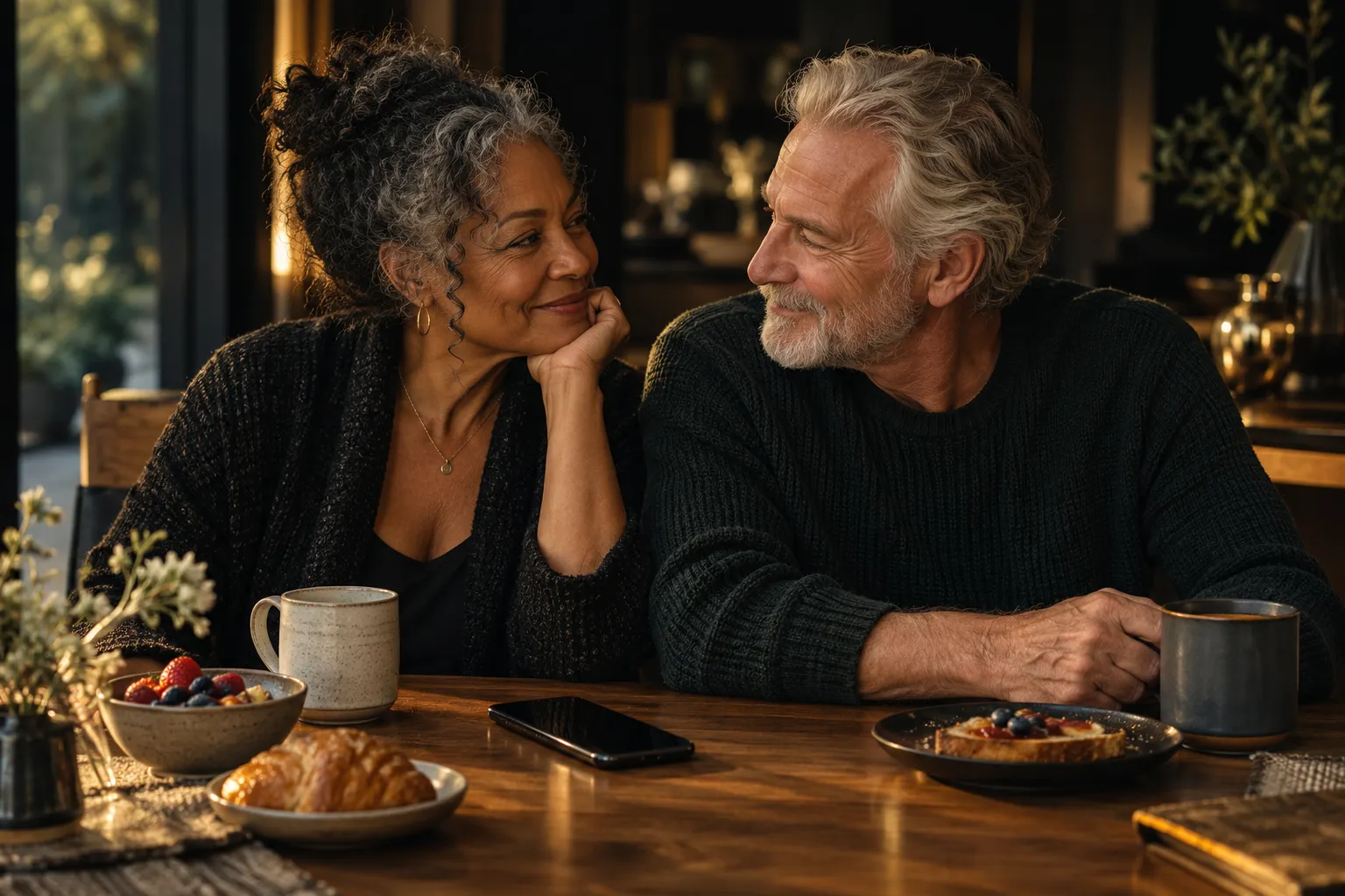 An older couple at breakfast with a phone between them